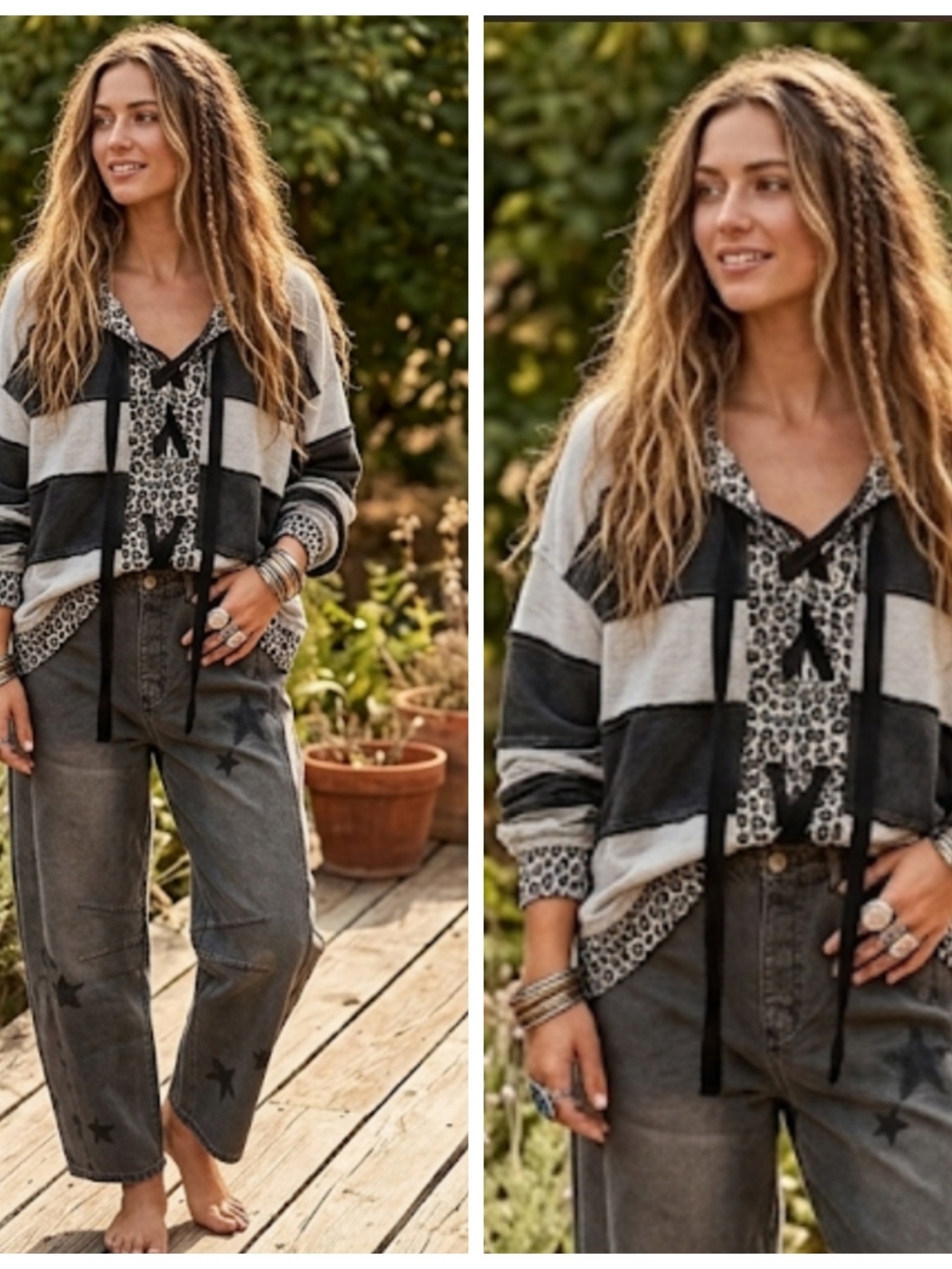 Casual Black & Gray Striped Women’s Sweater with Hoodie